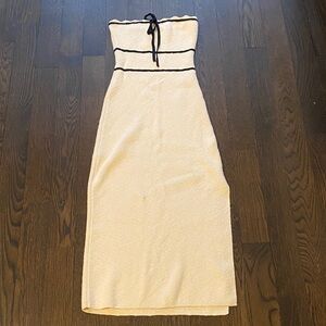 Strapless Cream Tube Dress with Black Trim and Tie Detail
